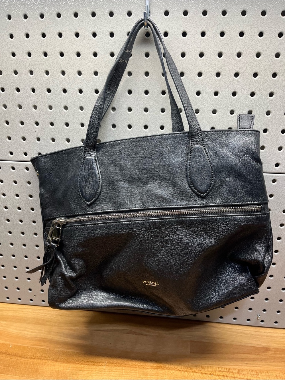 Perlina Black Leather Zip-Front Tote